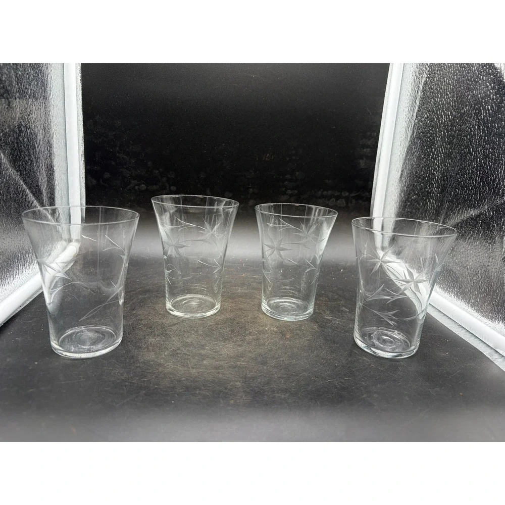Vintage Etched Starburst Wheat Juice Glasses Set of 4 Clear Mid Century Modern